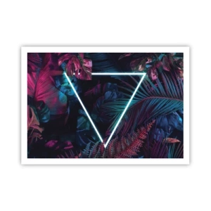 Poster - Un triangolo al neon circondato da foglie tropicali dai colori scuri. - 100x70cm - Giardino in stile discoteca - Decorazione murale moderna per soggiorno e camera da letto ARTTOR