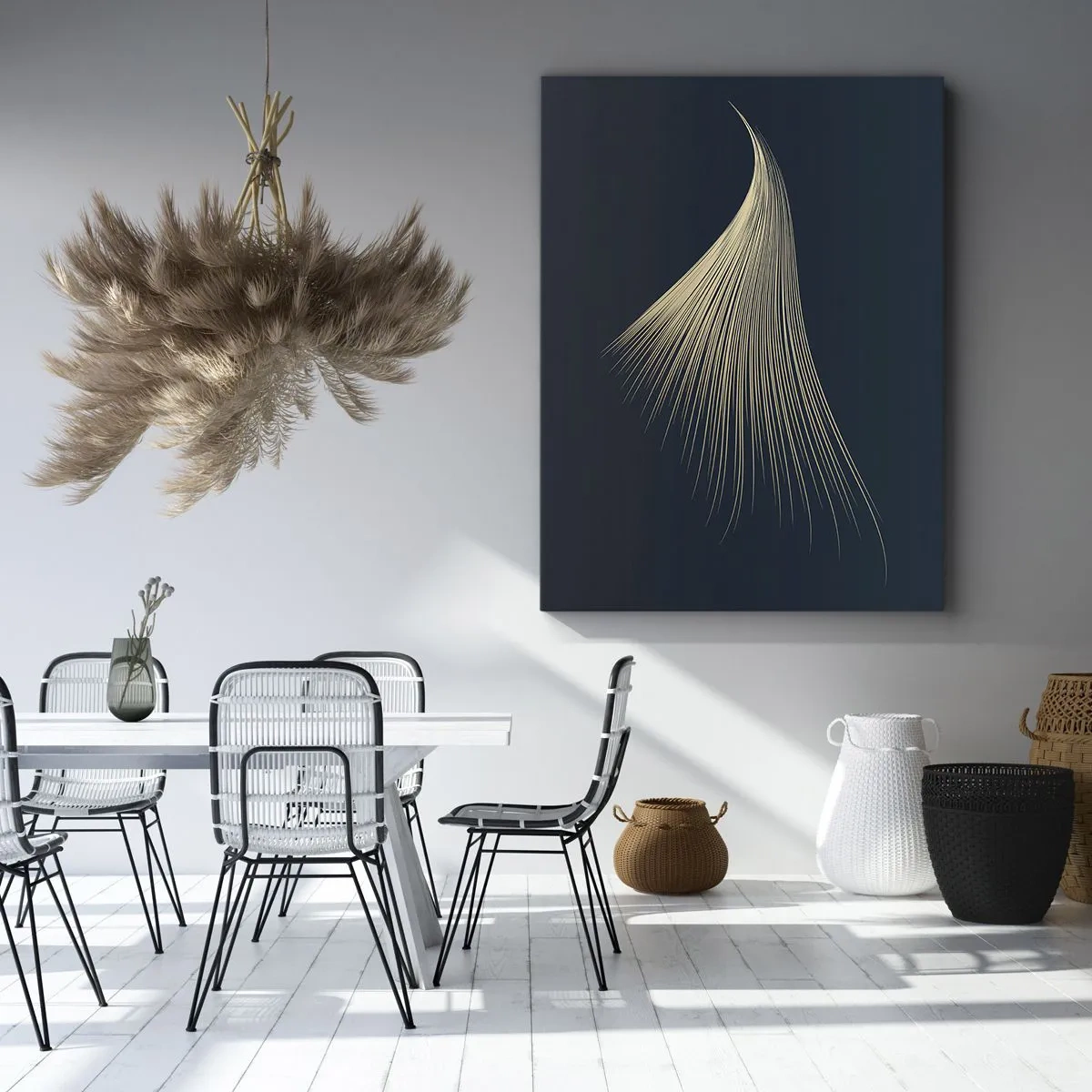 Quadro su tela - Stampe su Tela - Una delicata linea simile a una piuma su uno sfondo blu navy - 50x70cm - Come un capello d'angelo - Decorazione murale moderna per soggiorno e camera da letto ARTTOR