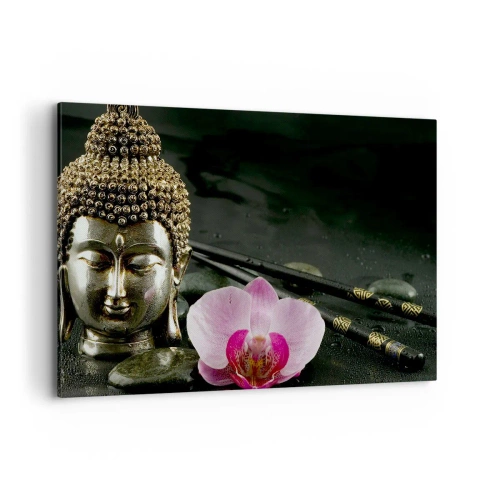 Quadro su tela - Stampe su Tela - Una statuetta di Buddha con un'orchidea e delle bacchette su uno sfondo di pietre - 100x70cm - Armonia di saggezza e bellezza - Decorazione murale moderna per soggiorno e camera da letto ARTTOR