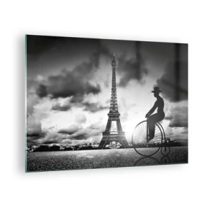 Quadro su vetro - Torre Eiffel con bicicletta retrò in bianco e nero - 70x50cm - Nostalgia della Belle Epoque - Decorazione murale moderna per soggiorno e camera da letto ARTTOR