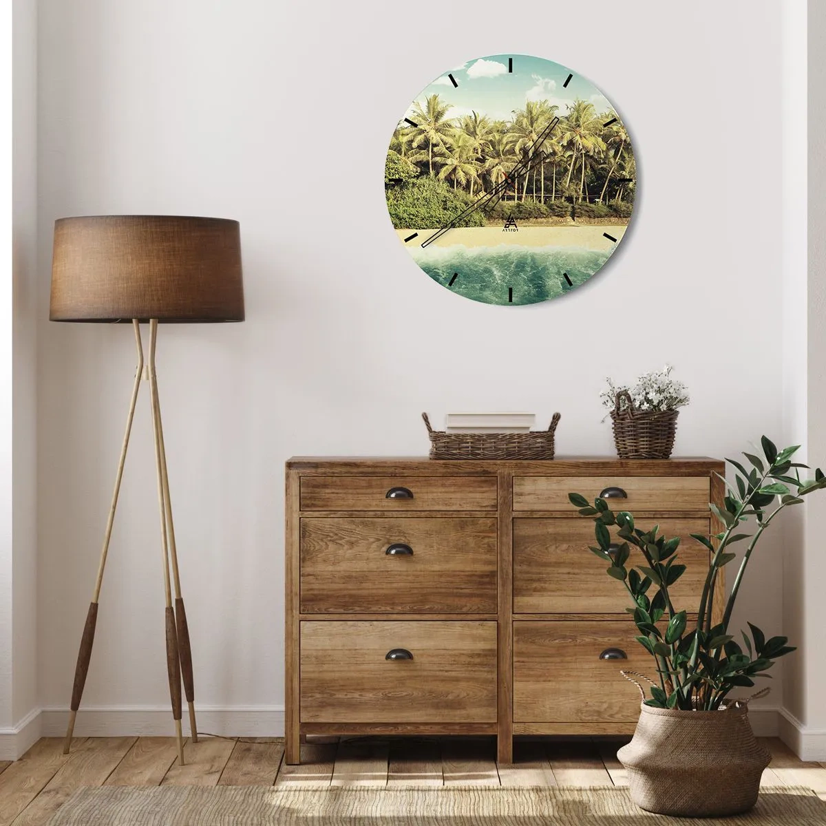 Orologio da parete - Orologio in Vetro - Una spiaggia con palme e un mare turchese sullo sfondo - 30x30cm - Forse qui? - Decorazione murale moderna per soggiorno, cucina e camera da letto ARTTOR
