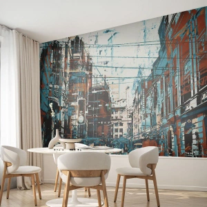 Fotomurali Premium Sand - Panorama urbano astratto nei toni del blu e del marrone - 100x70cm - Percorso cittadino consueto - Decorazione murale moderna per soggiorno e camera da letto ARTTOR