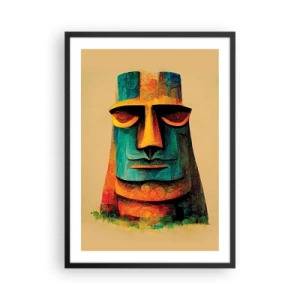 Poster in cornice nera - Un'interpretazione colorata di una statua Moai su uno sfondo beige - 50x70cm - Statuario, ma simpatico - Decorazione murale moderna per soggiorno e camera da letto ARTTOR