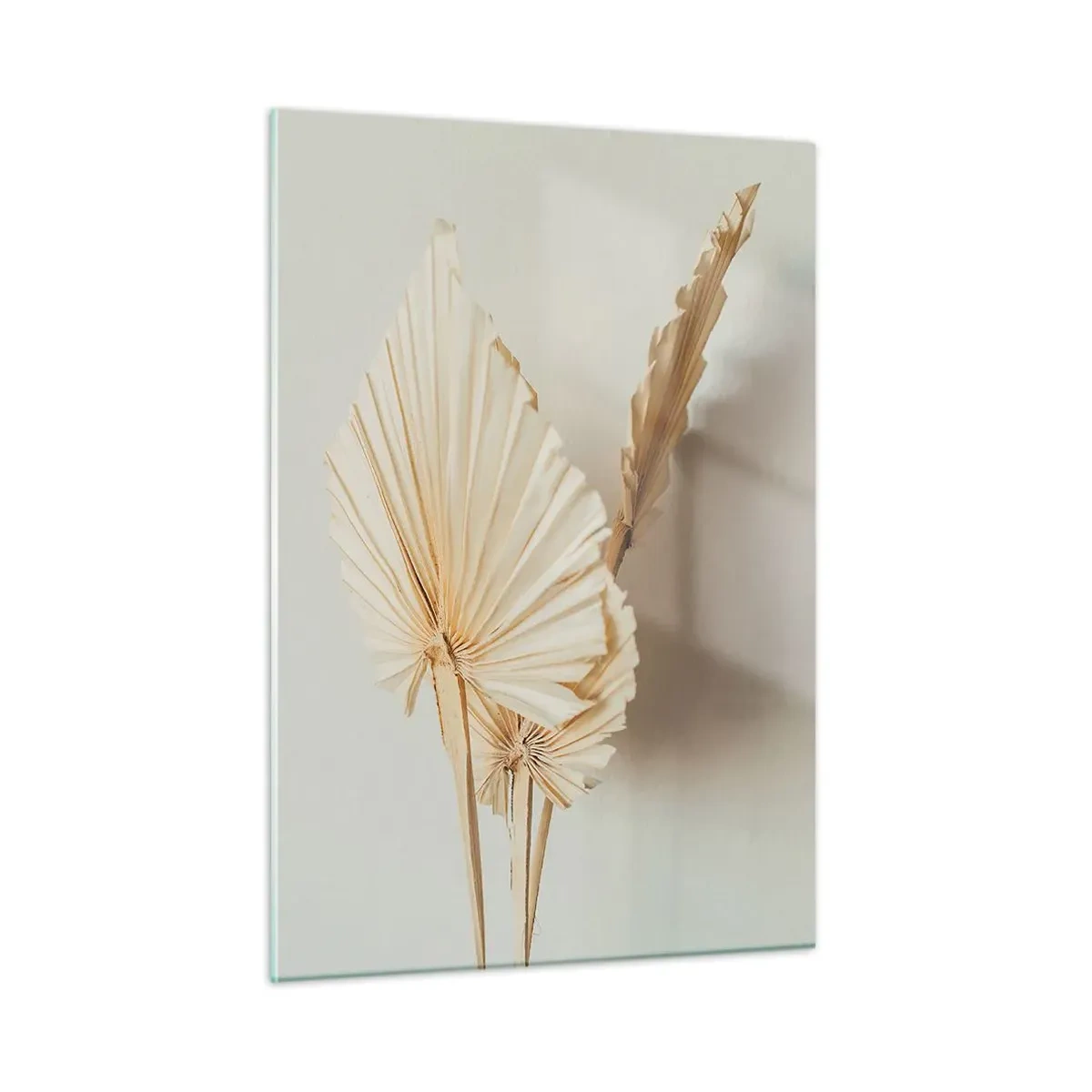 Quadro su vetro - Foglie di palma secche nei toni del beige su uno sfondo chiaro - 50x70cm - Quando serve il sollievo - Decorazione murale moderna per soggiorno e camera da letto ARTTOR