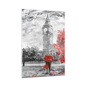 Quadro su vetro - Il Big Ben con un autobus rosso e un ombrello sullo sfondo di alberi autunnali - 50x70cm - Un giorno eccitante - Decorazione murale moderna per soggiorno e camera da letto ARTTOR