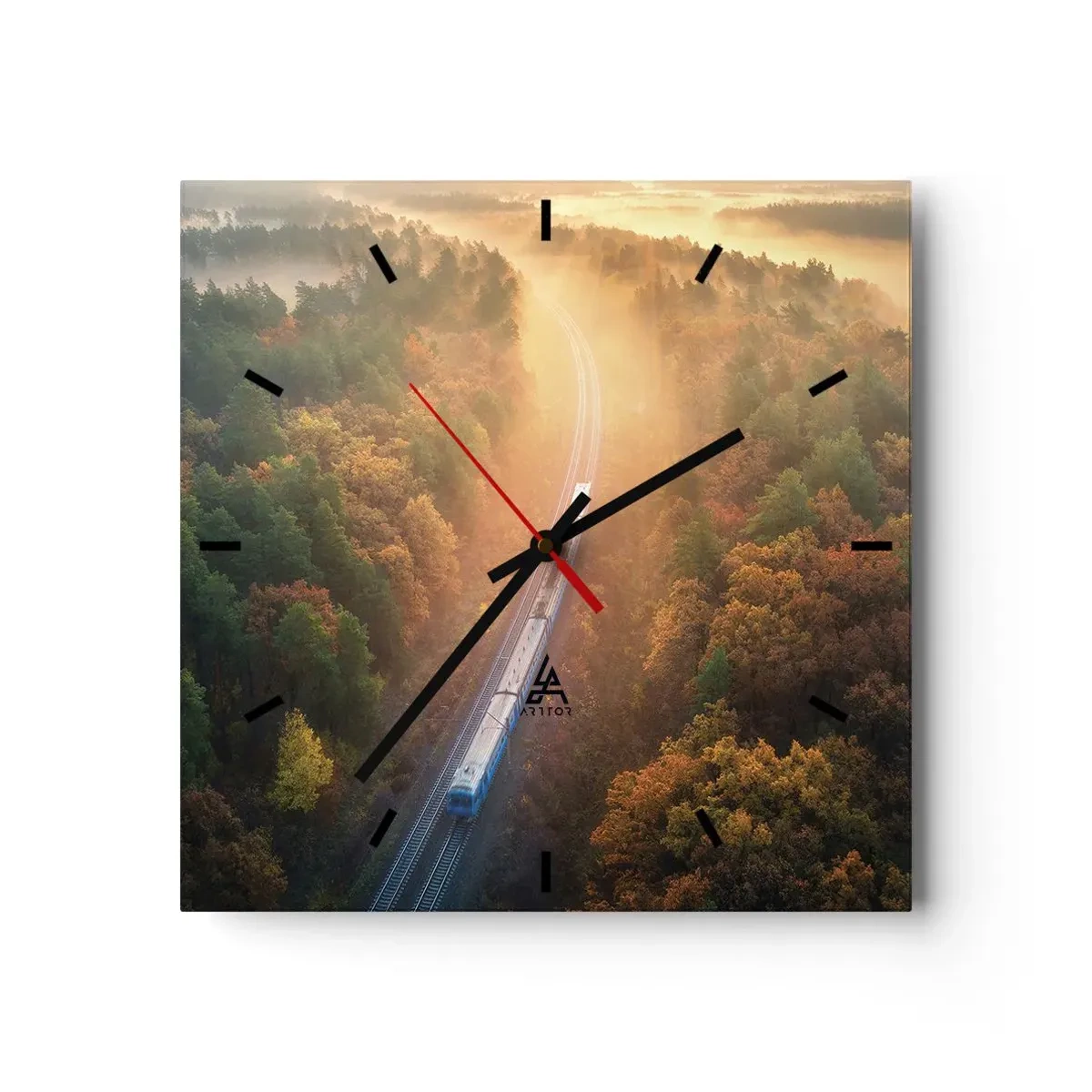 Orologio da parete - Orologio in Vetro - Un treno in una foresta autunnale all'alba - 30x30cm - Viaggio autunnale - Decorazione murale moderna per soggiorno e camera da letto ARTTOR