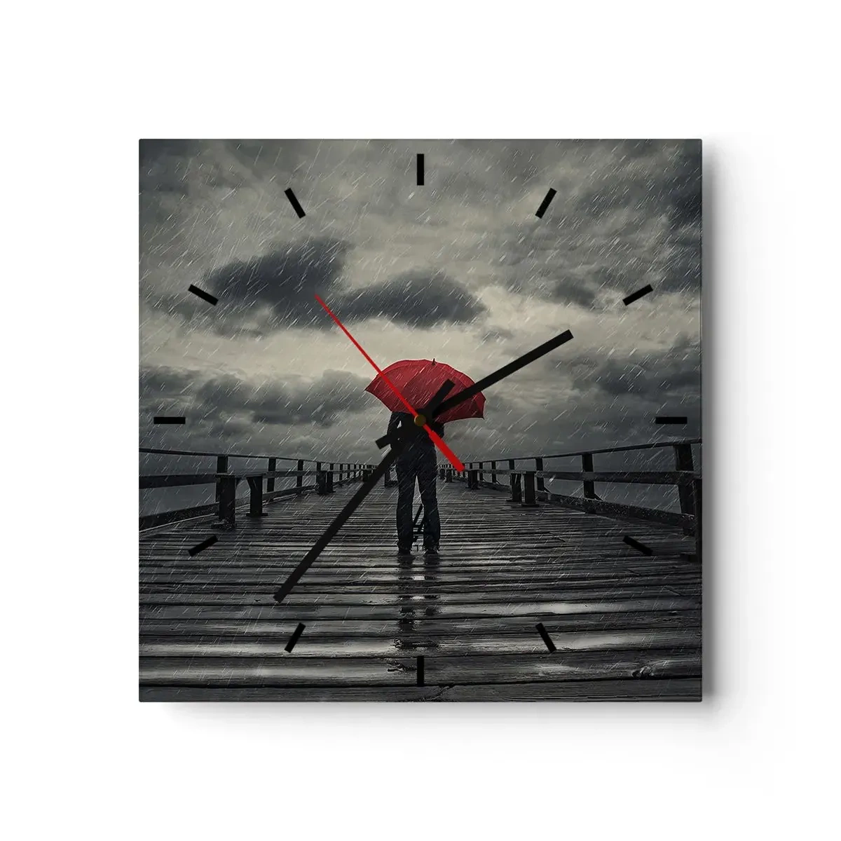 Orologio da parete - Orologio in Vetro - Una persona con un ombrello rosso su un molo piovoso - 30x30cm - Non importa che piove - Decorazione murale moderna per soggiorno e camera da letto ARTTOR