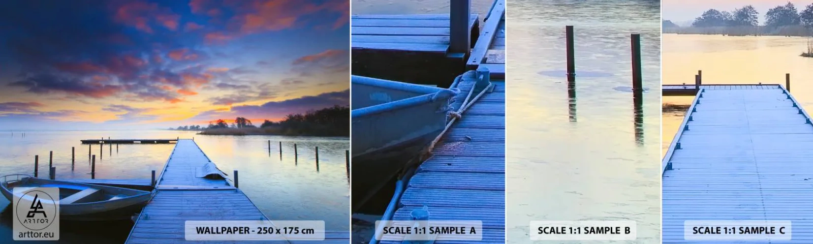 Campione Di Fotomurale Standard Eco - Tranquillità violacea e dorata - Paesaggio, Lago, Barca - 100x30 cm