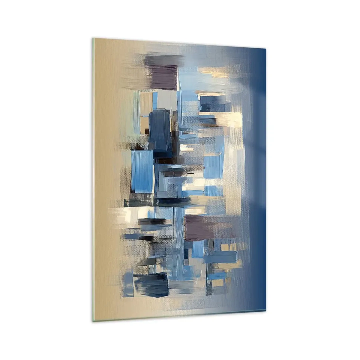 Quadro su vetro - Forme geometriche nei toni del blu e del beige - 80x120cm - Struttura blu - Decorazione murale moderna per soggiorno e camera da letto ARTTOR