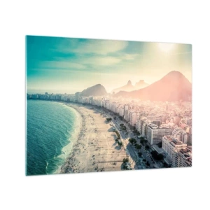Quadro su vetro - Panorama della spiaggia con edifici urbani e montagne sullo sfondo - 70x50cm - Vacanze senza fine a Rio - Decorazione murale moderna per soggiorno e camera da letto ARTTOR