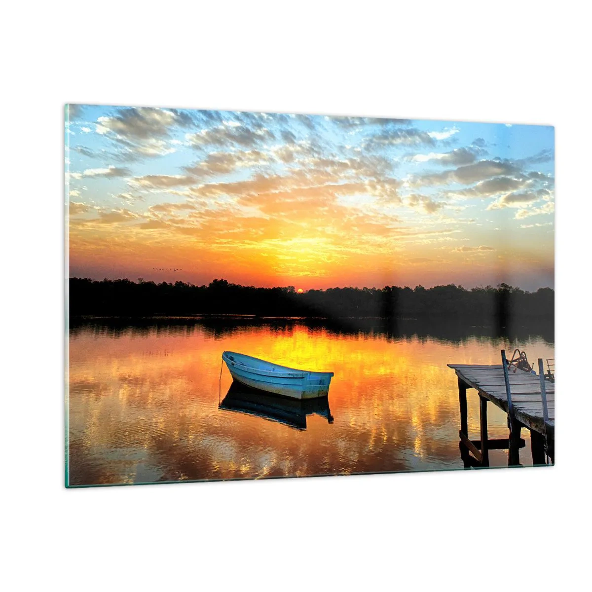 Quadro su vetro - Una barca su un lago calmo sotto i raggi del sole al tramonto - 120x80cm - Guarda, ascolta, medita - Decorazione murale moderna per soggiorno e camera da letto ARTTOR