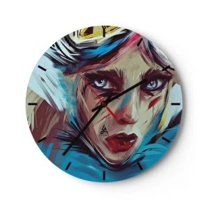 Orologio da parete - Orologio in Vetro - Un ritratto espressivo di una donna dai colori intensi - 30x30cm - La guerriera della strada - Decorazione murale moderna per soggiorno, cucina e camera da letto ARTTOR
