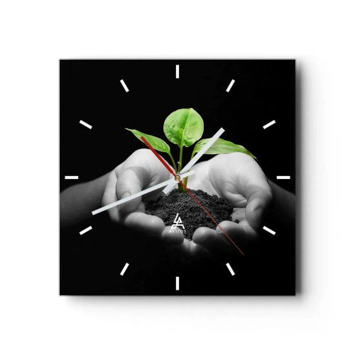 Orologio da parete - Orologio in Vetro - Mani che tengono una pianta verde su uno sfondo nero - 30x30cm - Amo la natura, la proteggo - Decorazione murale moderna per soggiorno e camera da letto ARTTOR