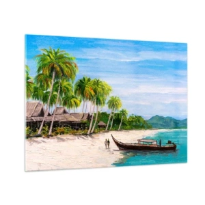 Quadro su vetro - Spiaggia tropicale con una barca e palme accanto alle capanne tradizionali - 70x50cm - Sogno esotico - Decorazione murale moderna per soggiorno e camera da letto ARTTOR