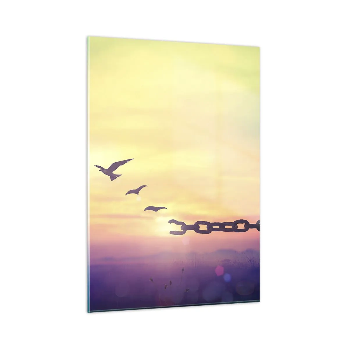 Quadro su vetro - Uccelli in volo sullo sfondo di una catena e di un tramonto - 50x70cm - La vittoria della libertà - Decorazione murale moderna per soggiorno e camera da letto ARTTOR