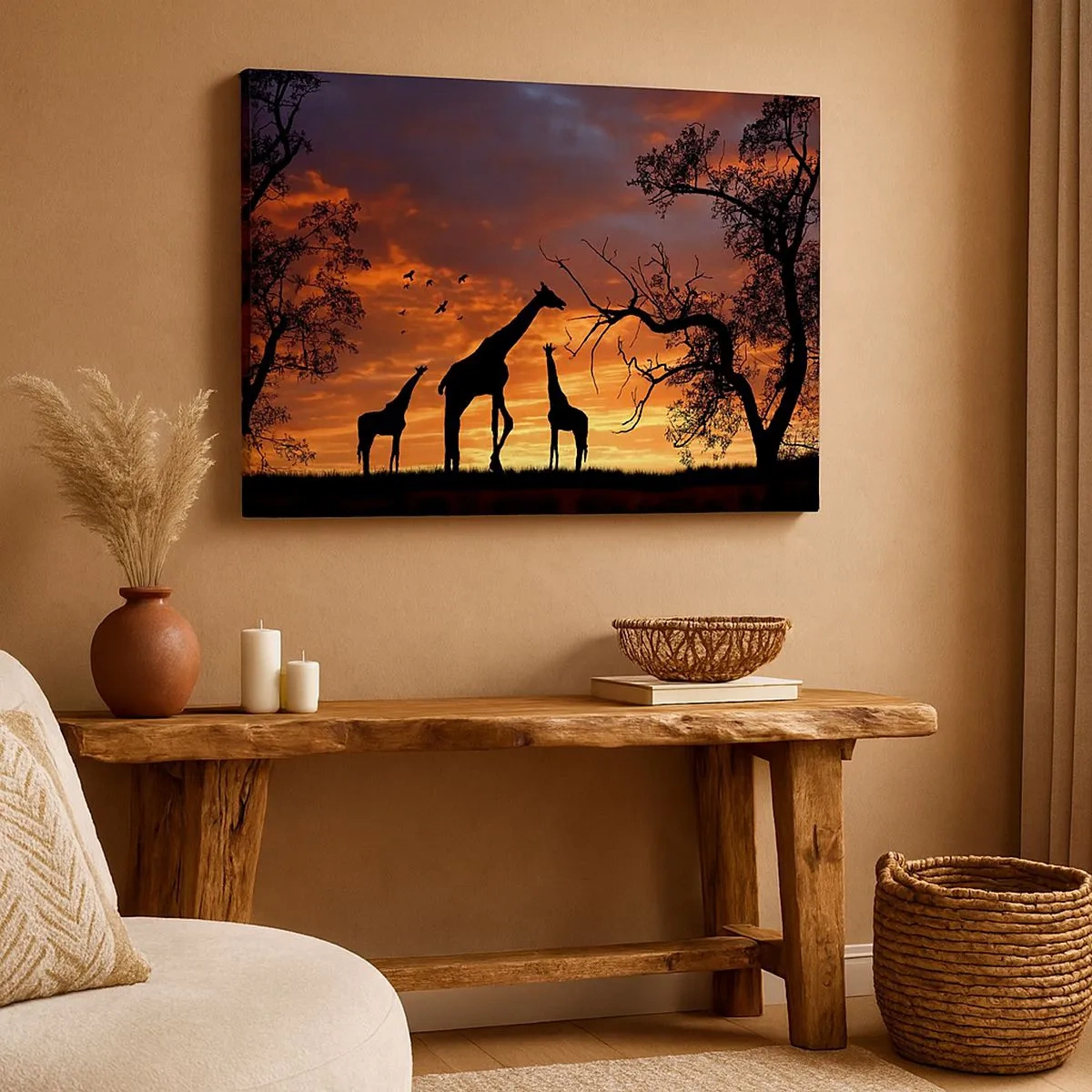 Quadro su tela - Stampe su Tela - Sagome di giraffe sullo sfondo del tramonto africano - 70x50cm - Piccola cena tra amici - Decorazione murale moderna per soggiorno e camera da letto ARTTOR