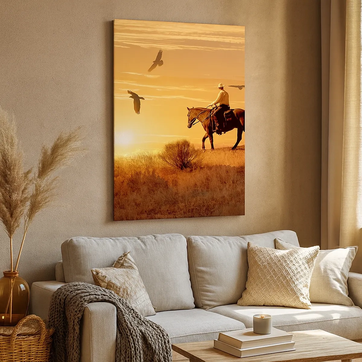 Quadro su tela - Stampe su Tela - Un cavaliere a cavallo al tramonto sullo sfondo della prateria - 50x70cm - Da solo nella prateria - Decorazione murale moderna per soggiorno e camera da letto ARTTOR