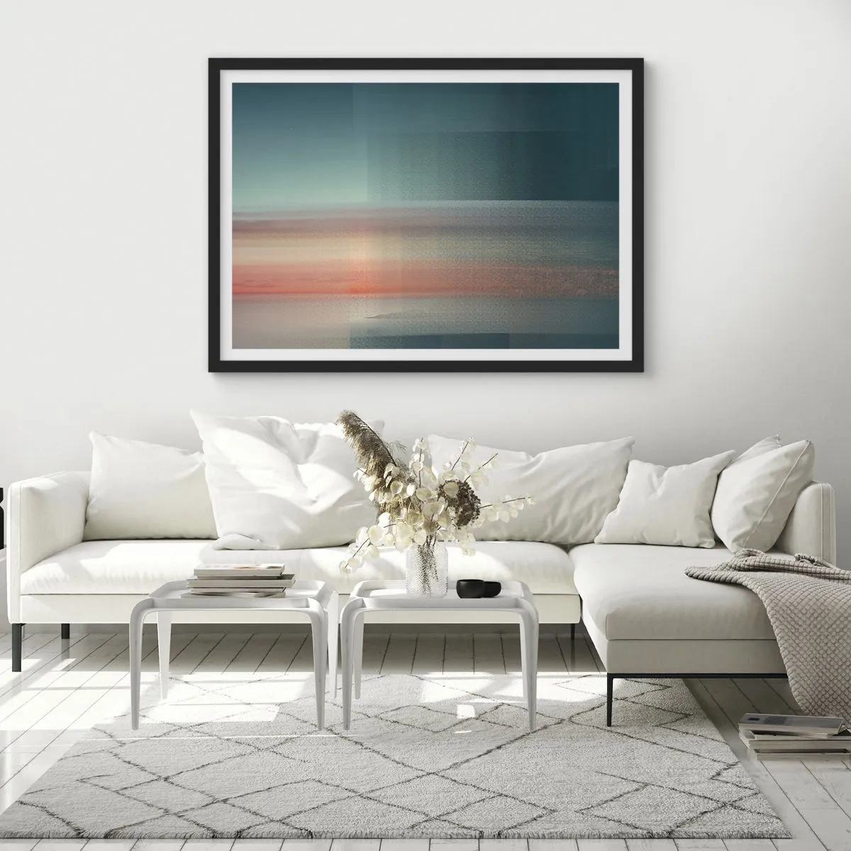 Poster in cornice nera - Un tramonto in tonalità pastello su un orizzonte calmo - 70x50cm - Astrazione: onde di luce - Decorazione murale moderna per soggiorno e camera da letto ARTTOR