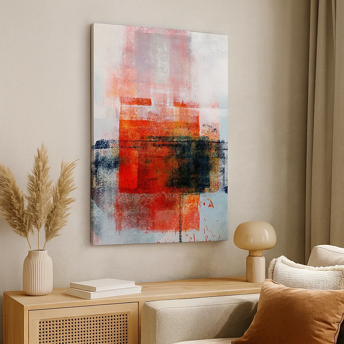 Quadro su tela - Stampe su Tela - Composizione geometrica astratta con accenti rossi e arancioni - 50x70cm - Composizione arroventata - Decorazione murale moderna per soggiorno e camera da letto ARTTOR