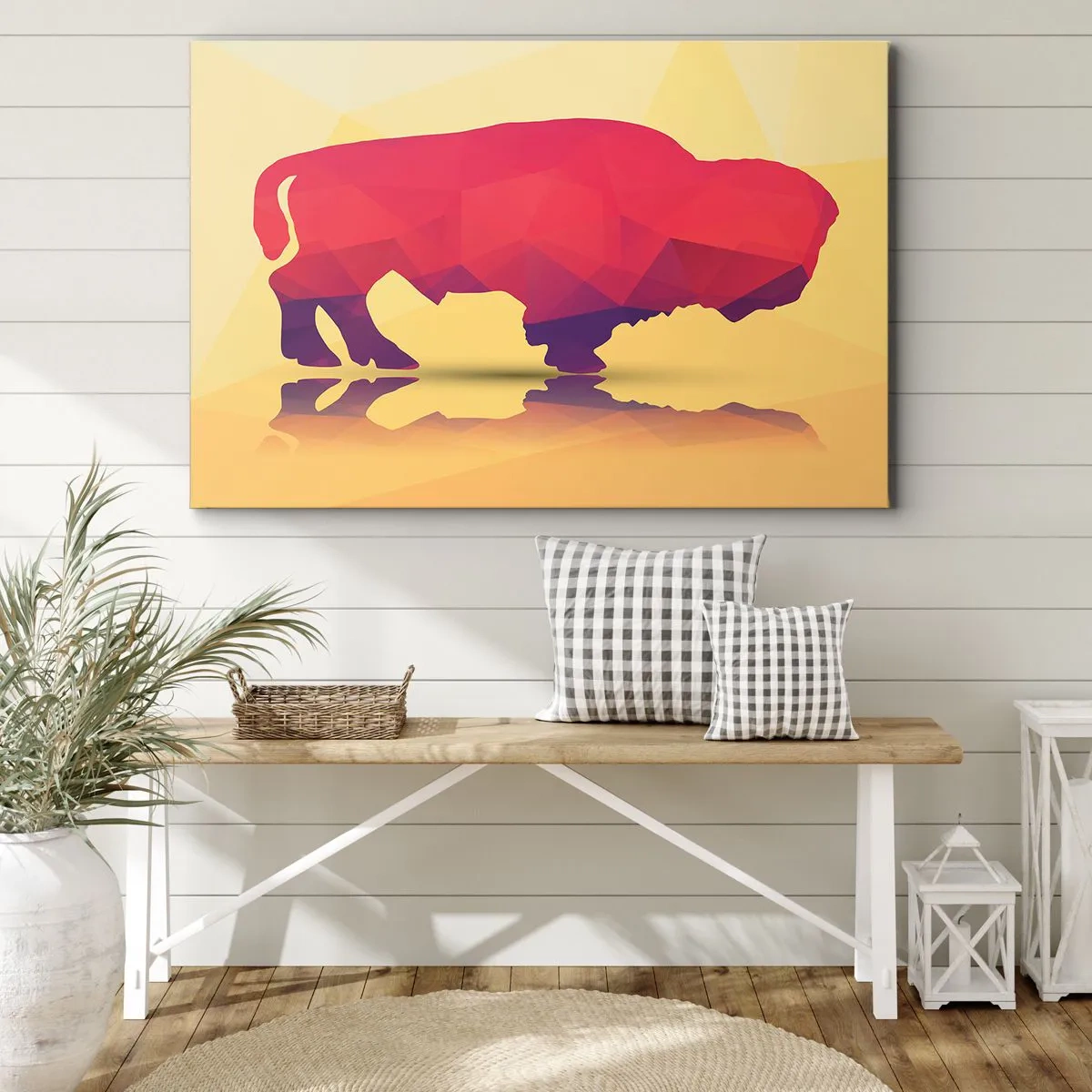 Quadro su tela - Stampe su Tela - Silhouette geometrica di un bisonte nei toni del rosso e del viola - 100x70cm - La forza del bisonte amaranto - Decorazione murale moderna per soggiorno e camera da letto ARTTOR