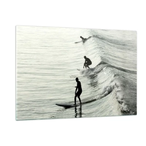 Quadro su vetro - Tre surfisti cavalcano le onde al mattino - 120x80cm - Onde all'incontro - Decorazione murale moderna per soggiorno e camera da letto ARTTOR