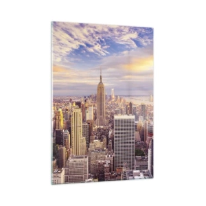 Quadro su vetro - Panorama della città con grattacieli al tramonto - 50x70cm - Toccando le nuvole - Decorazione murale moderna per soggiorno e camera da letto ARTTOR