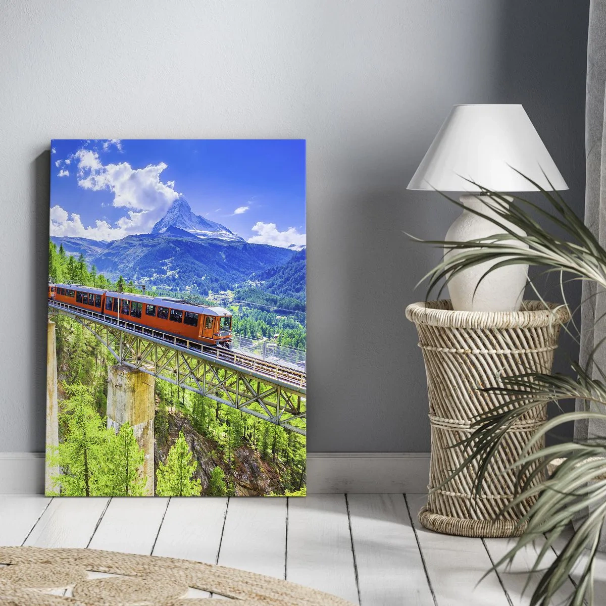 Quadro su tela - Stampe su Tela - Montagne russe su un ponte con vista su una cascata e sulle montagne - 70x100cm - Ferrovia alpina - Decorazione murale moderna per soggiorno e camera da letto ARTTOR