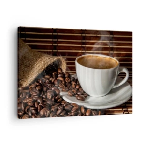 Quadro su tela - Stampe su Tela - Una tazza di caffè con chicchi su uno sfondo di bambù - 70x50cm - Nero del carbone, trasparenza dell'ambra - Decorazione murale moderna per soggiorno e camera da letto ARTTOR