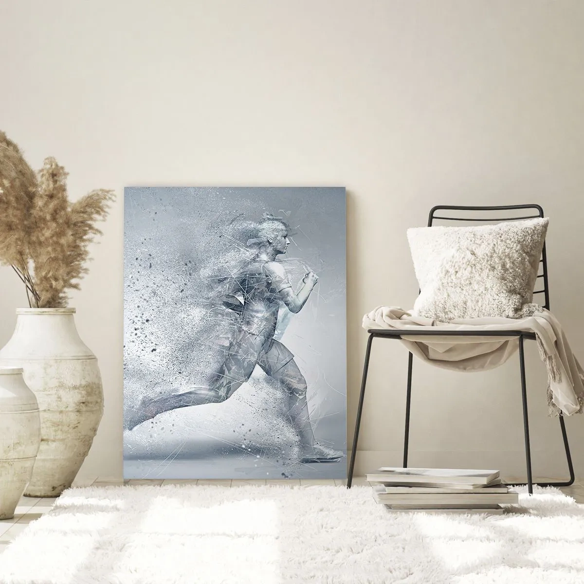 Quadro su vetro - Silhouette di una figura in corsa in una forma astratta - 50x70cm - Energia pura come un cristallo - Decorazione murale moderna per soggiorno e camera da letto ARTTOR