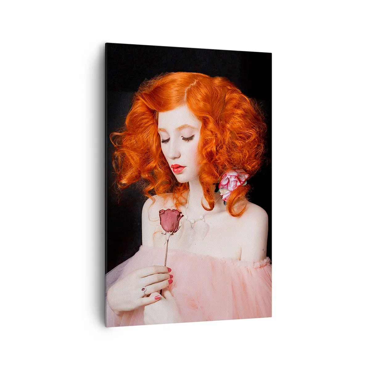 Quadro su tela - Stampe su Tela - Una donna con i capelli rossi che tiene una rosa - 80x120cm - In stile barocco - Decorazione murale moderna per soggiorno e camera da letto ARTTOR