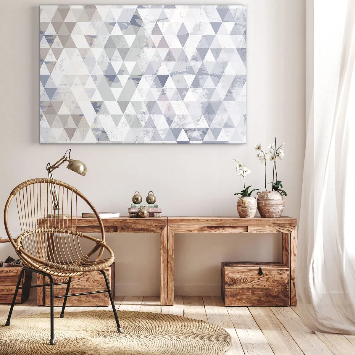 Quadro su tela - Stampe su Tela - Motivo geometrico a triangolo in tonalità pastello - 70x50cm - Al ritmo di tre - Decorazione murale moderna per soggiorno e camera da letto ARTTOR