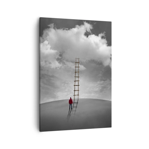 Quadro su tela - Stampe su Tela - Una persona con un cappotto rosso e una scala che porta a una nuvola - 50x70cm - Tutto è possibile - Decorazione murale moderna per soggiorno e camera da letto ARTTOR