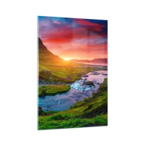 Quadro su vetro - Cascata pittoresca e montagna al tramonto - 70x100cm - Islanda: acqua e fuoco - Decorazione murale moderna per soggiorno e camera da letto ARTTOR