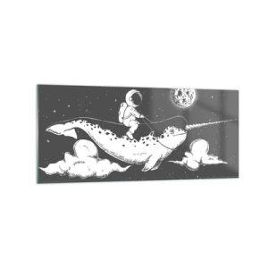 Quadro su vetro - Un astronauta sul dorso di un narvalo che fluttua in una scena spaziale. - 120x50cm - Il cavaliere dello spazio - Decorazione murale moderna per soggiorno e camera da letto ARTTOR