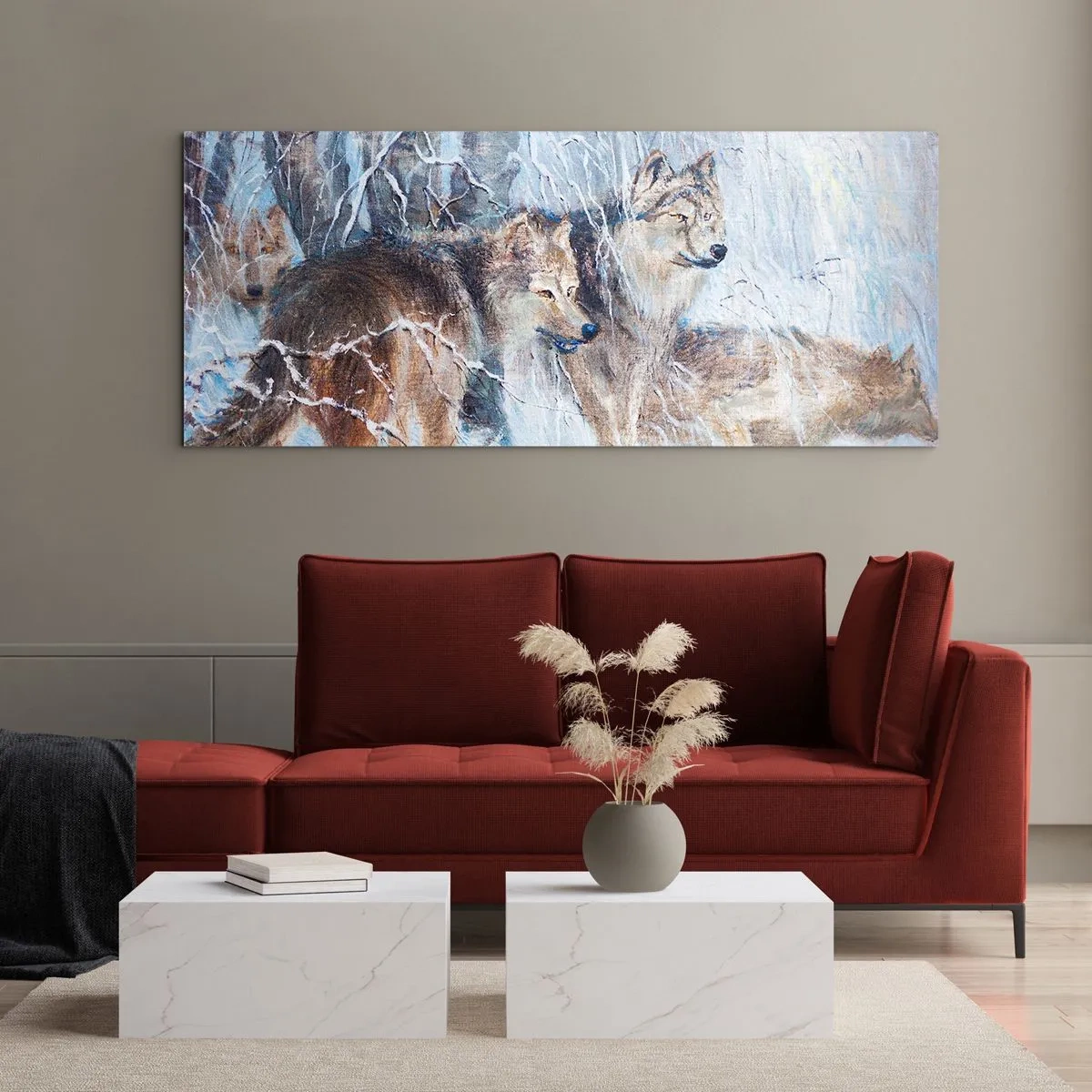 Quadro su vetro - Lupi in una foresta invernale contro uno sfondo innevato - 160x50cm - Attenzione! In arrivo... - Decorazione murale moderna per soggiorno e camera da letto ARTTOR