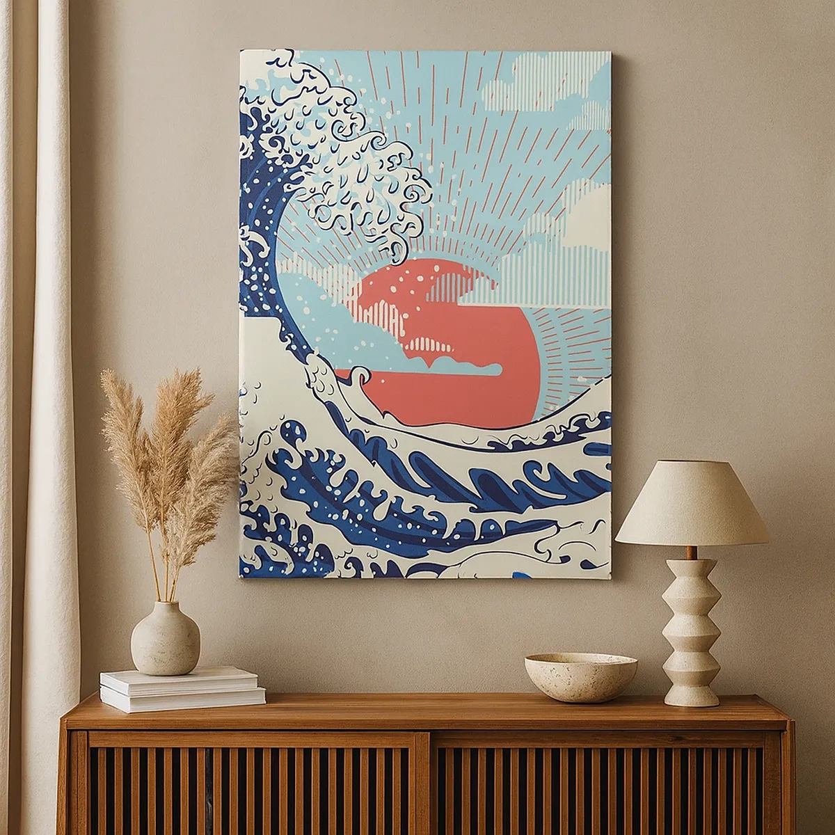 Quadro su tela - Stampe su Tela - Onde dell'oceano e un tramonto in stile giapponese - 50x70cm - Di ispirazione giapponese - Decorazione murale moderna per soggiorno e camera da letto ARTTOR