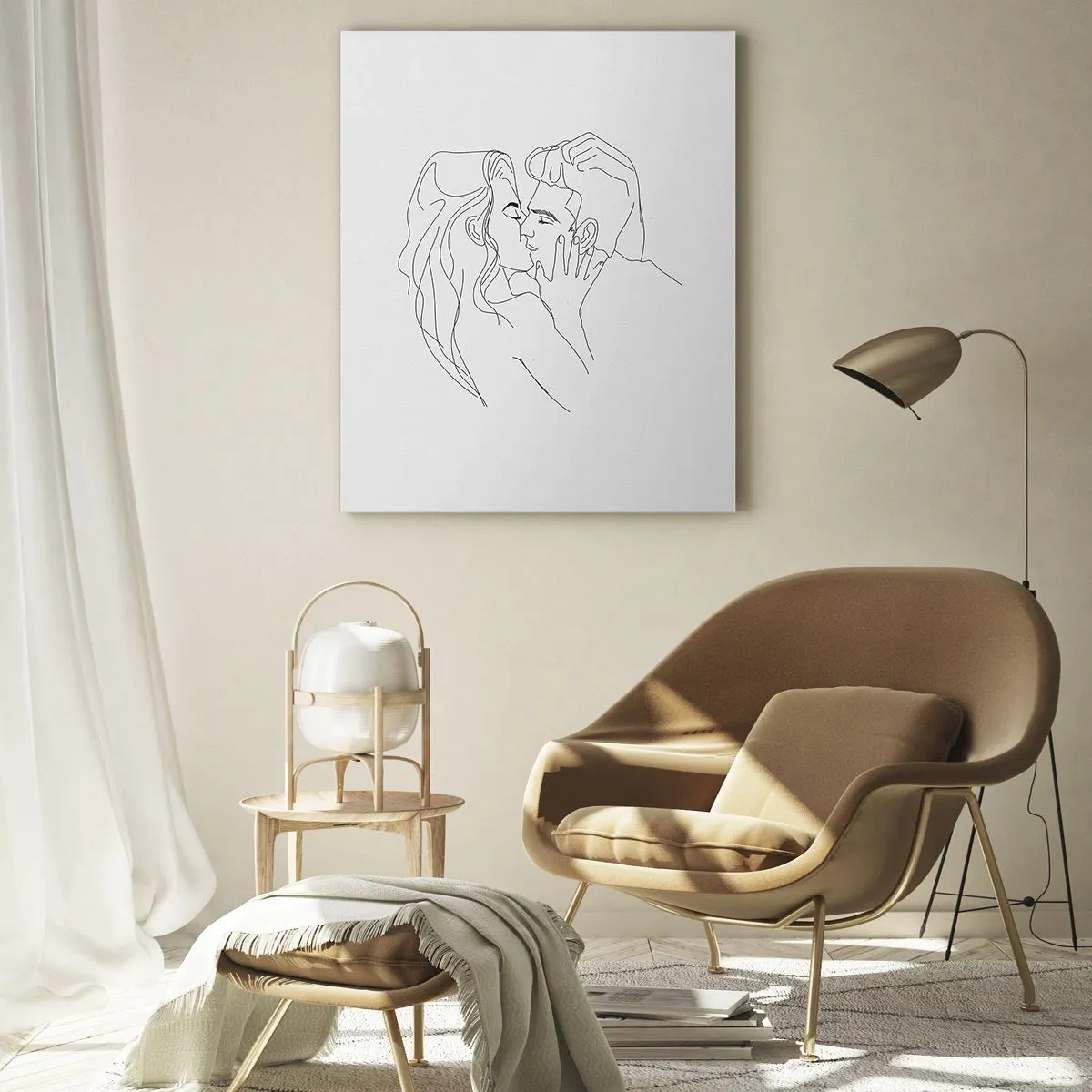 Quadro su vetro - Il contorno di una coppia che si bacia su uno sfondo chiaro - 70x100cm - La stessa linea - Decorazione murale moderna per soggiorno e camera da letto ARTTOR
