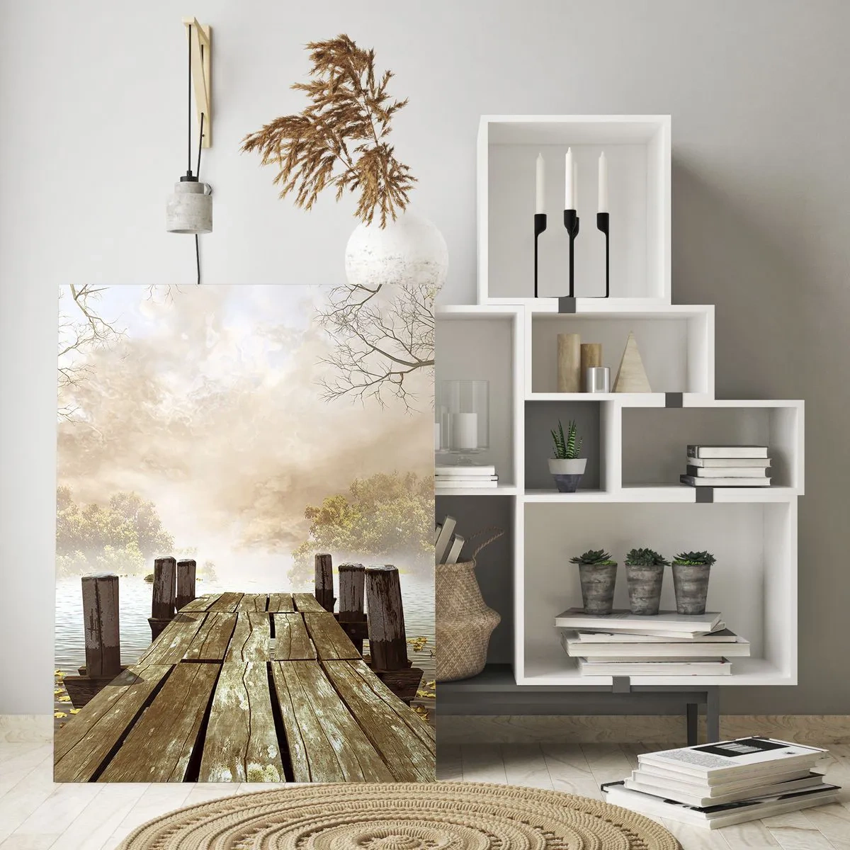 Quadro su vetro - Un molo di legno su un lago calmo nella nebbia - 50x70cm - La mite melanconia autunnale - Decorazione murale moderna per soggiorno e camera da letto ARTTOR