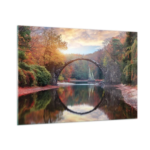 Quadro su vetro - Un ponte di pietra riflesso in un lago in mezzo a una foresta autunnale - 100x70cm - Dall'altro lato dello specchio - Decorazione murale moderna per soggiorno e camera da letto ARTTOR