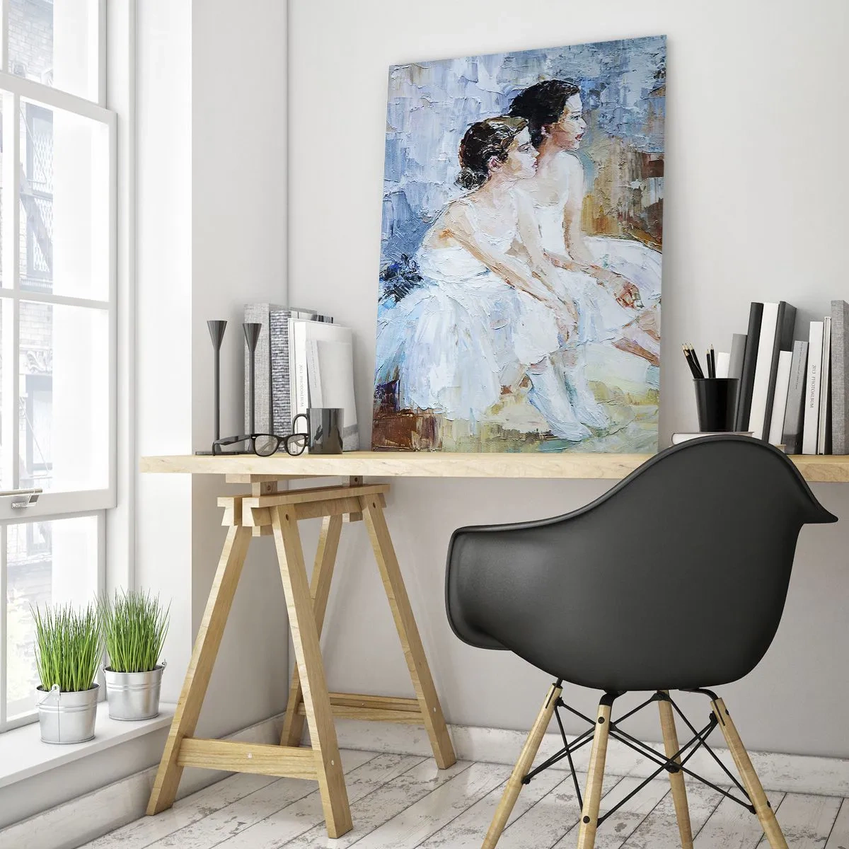 Quadro su vetro - Due ballerine in abiti bianchi si rilassano su uno sfondo pastello. - 70x100cm - Il riposo dei giovani cigni - Decorazione murale moderna per soggiorno e camera da letto ARTTOR