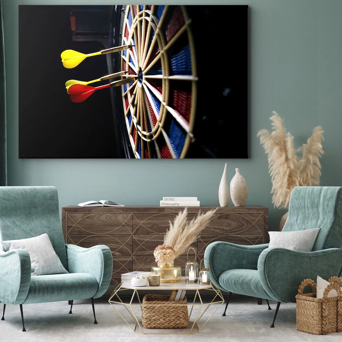 Quadro su tela - Stampe su Tela - Un bersaglio con freccette colpite su uno sfondo nero - 120x80cm - Dritto al centro - Decorazione murale moderna per soggiorno e camera da letto ARTTOR