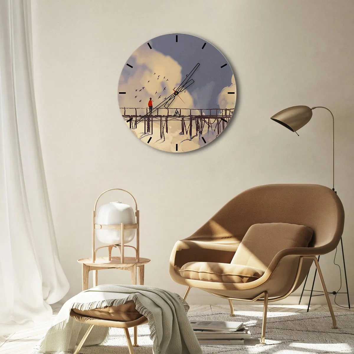 Orologio da parete - Orologio in Vetro - Una figura su un ponte con uccelli sullo sfondo del cielo e delle nuvole - 30x30cm - Nostalgia del cielo - Decorazione murale moderna per soggiorno, cucina e camera da letto ARTTOR