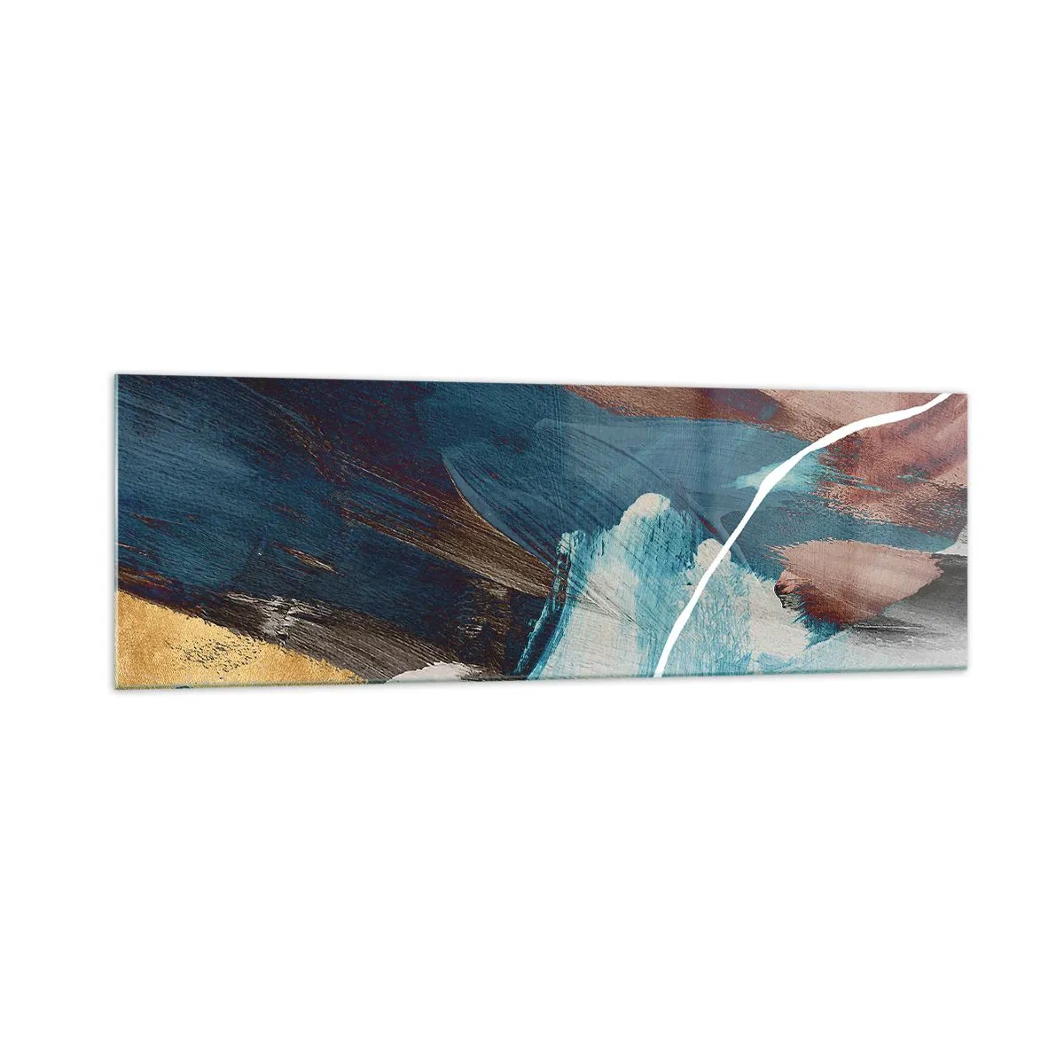 Quadro su vetro - Pennellate astratte nei toni del blu e dell'oro - 160x50cm - Con forza ed energia - Decorazione murale moderna per soggiorno e camera da letto ARTTOR