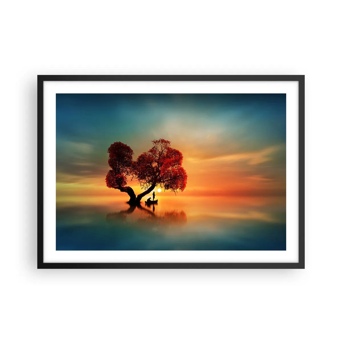 Poster in cornice nera - Un albero dalle foglie rosse e una barca sull'acqua al tramonto - 70x50cm - Gli esiliati e il silenzio fuori dal mondo - Decorazione murale moderna per soggiorno e camera da letto ARTTOR