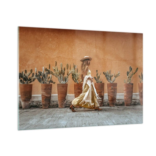 Quadro su vetro - Una donna in stile boho che cammina tra vasi di cactus. - 100x70cm - In stile hippy - Decorazione murale moderna per soggiorno e camera da letto ARTTOR
