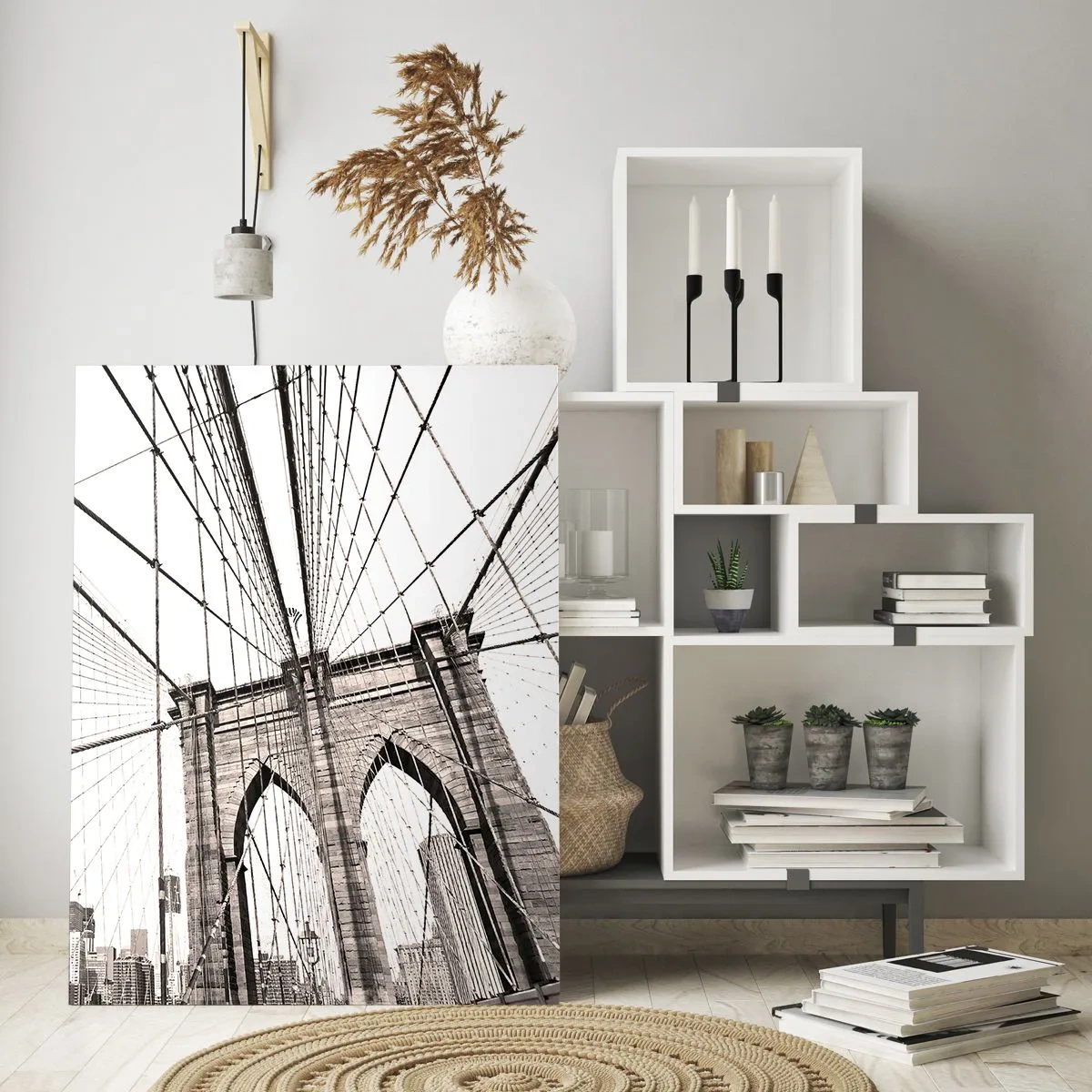 Quadro su vetro - Il ponte di Brooklyn in monocromia - 80x120cm - La cattedrale di New York - Decorazione murale moderna per soggiorno e camera da letto ARTTOR