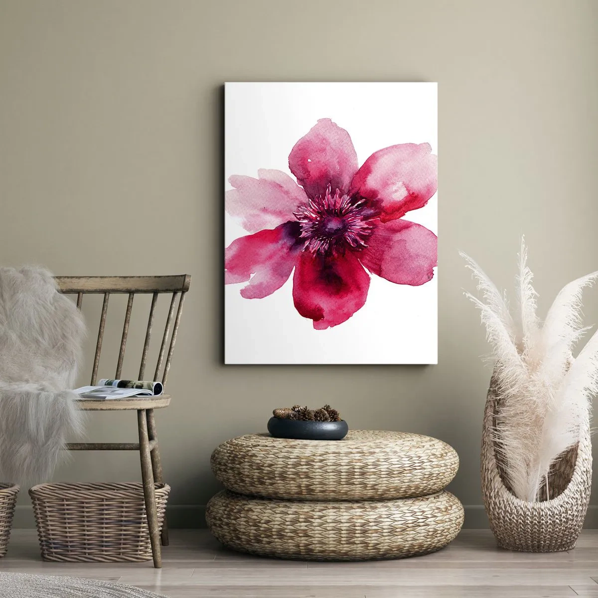 Quadro su tela - Stampe su Tela - Fiore rosa in stile acquerello su sfondo bianco - 50x70cm - Bacio profumato al carminio - Decorazione murale moderna per soggiorno e camera da letto ARTTOR