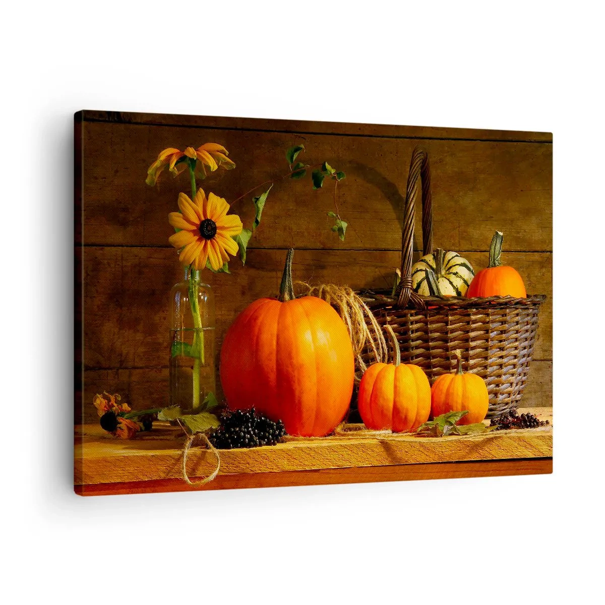 Quadro su tela - Stampe su Tela - Composizione autunnale con zucche e fiori su uno sfondo di legno - 70x50cm - Composizione rustica: i doni dell'autunno - Decorazione murale moderna per soggiorno e camera da letto ARTTOR