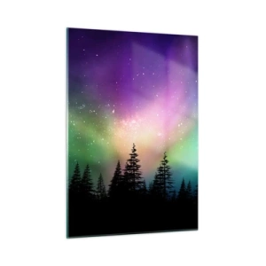 Quadro su vetro - Foresta di notte sotto la colorata aurora boreale - 50x70cm - Magia bianca - Decorazione murale moderna per soggiorno e camera da letto ARTTOR