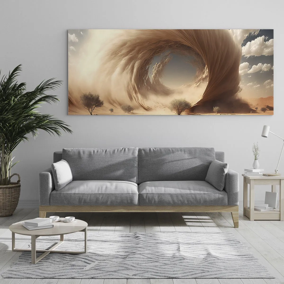 Quadro su vetro - Vortice di sabbia dinamico in un deserto con alberi - 140x50cm - Il portale è aperto - Decorazione murale moderna per soggiorno e camera da letto ARTTOR